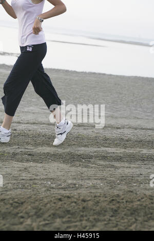 Sandy beach, woman, jogging, preview, sea, summer, vacation, summer vacation, activity holiday, leisure time, training, sport, running, person, fit, actively, leisurewear, jogger, sportswoman, sportily, motion, jog, run, fitness, running, beach run, curled, Sand, beach, sea beach, coast, Stock Photo