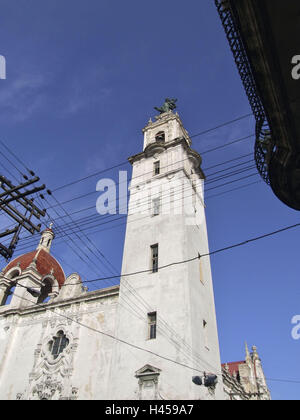 Iglesia de Nuestra Senora del Carmen, steeple, Vedado, Havana, Cuba, holiday destination, destination, the Caribbean, tourism, vacation, place of interest, structure, architecture, historically, sacred construction, church, church, tower, Marien's statue, statue, spire, cable, circuits, telephone lines, balcony, building, perspective, Stock Photo