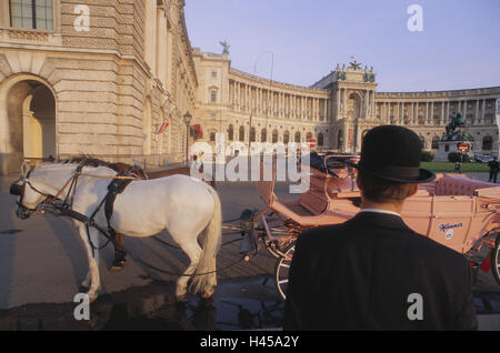 Austria, Vienna, heroic space, new Hofburg, cab, coachman, capital, cultural town, complex buildings, building, structure, architecture, architectural style, splendour construction, space, place of interest, horse's carriage, carriage, cab, city tour, carriage journey, horse's carriage journey, sightseeing, destination, tourism, person, outside, Stock Photo