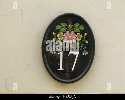 Ceramics sign, house number, 17, flowers, Malta, Valletta, residential house, house, sign, ceramics, paints, blossoms, number, digit, tip, copy space, Stock Photo