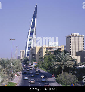 Bahrain, island Manamah, Manama, town view, World Trade centre, island state, sheikdom, destination, town, capital, building, structure, architecture, business premises, skyscraper, facade, glass front, architecture, heaven, cloudless, street, traffic, cars, palms, Stock Photo