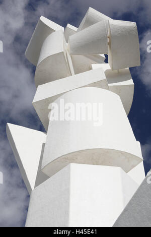 Spain, the Canaries, island Lanzarote, Monumento Al Campesino, destination, volcano island, place of interest, tourism, culture, art, St. art, statue, sculpture, monument, water tanks, white, icon, agriculture, work, heaven, clouds, Stock Photo