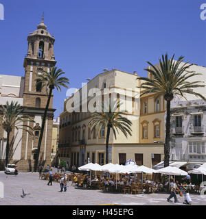 Spain, Andalusia, Cadiz, plaza de la Catedral, Iglesia de Santiago, detail, tower, Torre Poniente, palms, passers-by, Europe, town, destination, place of interest, space, church, cathedral, church, sacred construction, faith, religion, Christianity, architecture, building, outside, people, tourists, street cafes, Stock Photo