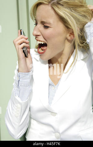 Woman, blond, furiously, shout, mobile phone, portrait, curled, Stock Photo
