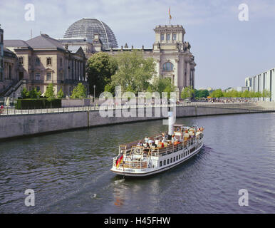 Germany, Berlin zoo, the Spree, boat, Reichstag president's palace, Reichstag building, only editorially!, Europe, Berlin, capital, government district, Reichstag, the Bundestag, building the Bundestag, government building, seat government, politics, channel, Spree shore, tourist boat, excursion boat, boat tour, tourism, sightseeing, place of interest, Stock Photo