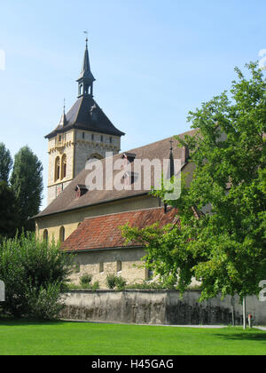 Switzerland, Thurgau, Arbon, church St. Martin, destination, town, place of interest, Lake Constance region, building, architecture, outside, deserted, church, sacred construction, steeple, tower, faith, religion, Christianity, Stock Photo