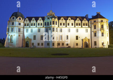 Germany, Lower Saxony, Celle, lock, illuminateds, evening, Stock Photo
