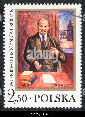 A postage stamp printed in Poland, shows Portrait of Lenin by Z. Pronaszko, devoted to 110th Birth Anniversary, 1980 Stock Photo