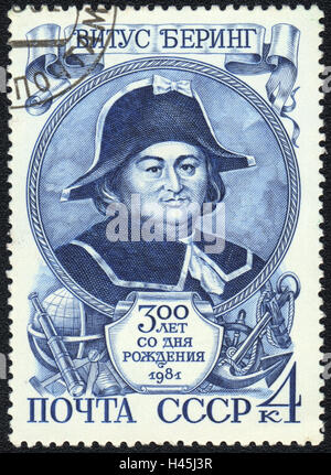 A postage stamp printed in USSR, shows Portrait of Vitus Bering, 1981 Stock Photo
