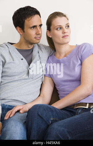 Couple, embracing, sofa, sitting, together, Stock Photo