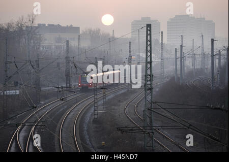 Germany, Baden-Wuerttemberg, Durlach, tracks, city railway, sunset, fog, Stock Photo
