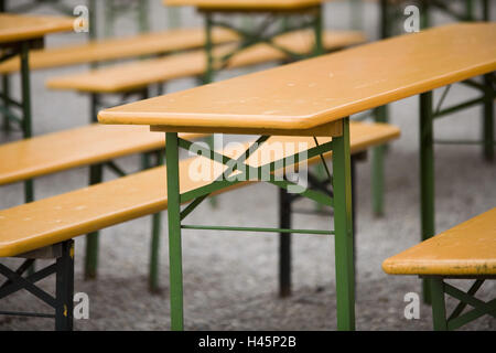 Beer garden, tables, benches, empty, Stock Photo