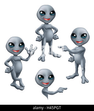A cute cartoon grey alien Martian character in various poses Stock Photo
