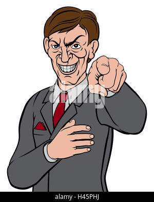 Cartoon evil looking business man in a suit and tie pointing his finger in a wants you gesture Stock Photo