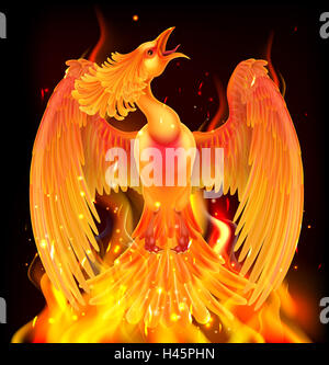 A phoenix bird rising from flames, fire and ashes Stock Photo