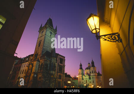 Czech Republic, Prague, Old town-dweller ring, city hall tower, night, Old Town, lantern, marketplace, architecture, architectural style, Gothic, Renaissance, Teynkirche, towers, outside, heaven, violet, street lamp, Stock Photo