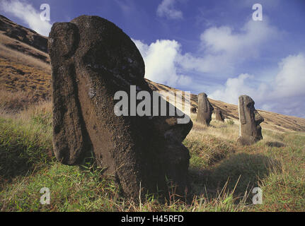 Chile, Easter island, Moais, sculpture, figure, heaven, clouds, scenery, deserted, outside, culture, place of interest, stone statues, Polynesian, Stock Photo