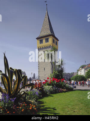 Germany, Lake Constance, Lindau, harbour, Mangturm, flowers, Europe, Bavaria, district town, town, lighthouse, tower, landmark, place of interest, guidance, orientation, navigation help, navigation, navigation, promenade, architecture, tourist, person, summer, outside, Stock Photo