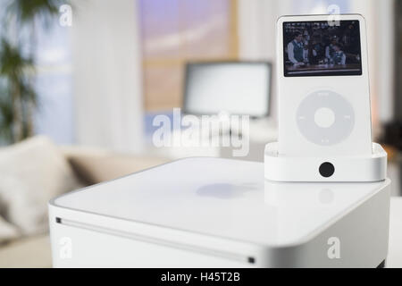 Apple, iPod video, Mac Mini, TVs, blur, no property release, series, electronics, electro-appliances, technology, conversation, conversation-electronics, indoors, rendering, rendering-appliance, storage-medium, films, videos, computers, small, practically Stock Photo