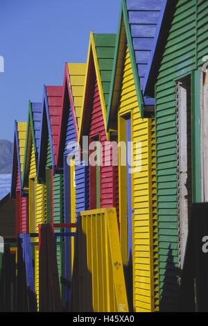 South, Africa, Capetown, mountain Muizen, changing rooms, small houses, cabins, hut, colourfully, brightly, paints, deserted, outside, heaven, blue, cloudless, Stock Photo