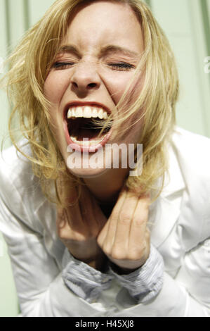 Woman, young, blond, furiously, shout, portrait, cropped, Stock Photo