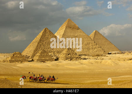 Egypt, Cairo, Gizeh, pyramids, queen's pyramids, Chephren pyramid, Cheops pyramid, Mykerinos pyramid, Stock Photo