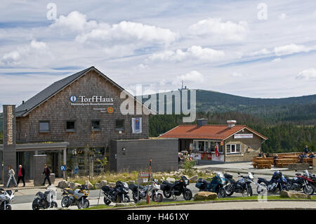 Germany, Lower Saxony, Harz, peat house, National park Harz, information centre, visitor, motorcycles, Stock Photo