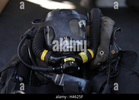 Embargoed until 1900 Thursday October 13 A diver's CDLSE mixed gas diving kit (Clearance Divers Life Support Equipment) on board HMS Cattistock - a Royal Navy Hunt-class mine countermeasures vessel - in the Lochs of western Scotland, during a Royal Navy Joint Warrior training exercise. Stock Photo