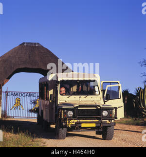 Namibia, skeleton coast, Omaruru, Epako, Game lodge, gate, jeep, South-West, Africa, Africa, input, driveway, vehicle, sport utility vehicle, destination, tourism, person, Stock Photo