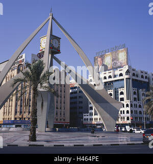 United Arab Emirates, Dubai, Deira, Clock Tower, palm, VAE, town, destination, building, architecture, architecture, cCastle, tower, monument, landmark, place of interest, roundabout, cars, extremely, hotels, Stock Photo