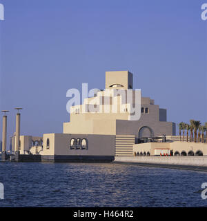 Qatar, Doha, museum for Islamic, art, shore, sea, sheikdom, town, capital, destination, place of interest, culture, building, architecture, architecture, architectural style, museum island, museum building, heaven, blue, cloudless, water, Stock Photo