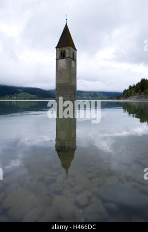 Italy, South Tyrol, Vinschgau, Bolzano, Graun, crisp lake, steeple, Stock Photo