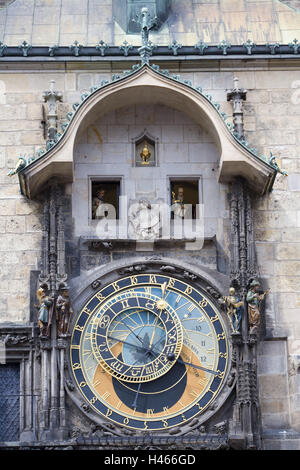 Czech Republic, Prague, Old Town, old city hall, astronomical clock, detail, town, city hall, building, structure, tower, clock, clock, carillon, sign the zodiac, architectural style, Gothic, apostle's figures, apostles, figures, play, place of interest, attraction, Stock Photo