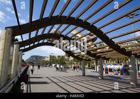 Spain, Catalonia, Barcelona, Paseo de, Colon, promenade, passer-by, Europe, town, destination, Paseo Maritimo, passage, sculpture, person, outside, pedestrian, seafront, Stock Photo