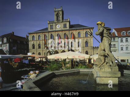 Germany, Thuringia, Weimar, city hall, Neptune's well, market stalls, town, destination, place of interest, Old Town, Old Town city hall, building, facade, architecture, flags, wells, Neptune, well figure, statue, market, Stock Photo