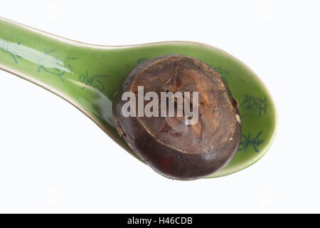 Spoon, water chestnut, chestnut, wooden spoon, green, figures, in Chinese, Stock Photo