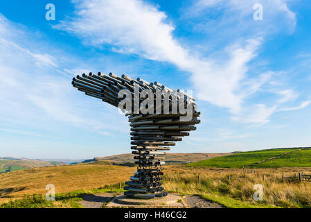 The Singing Ringing Tree, a panopticon on Crown Point above Burnley in the Lancashire Pennines, looking towards Cliviger Gorge Stock Photo