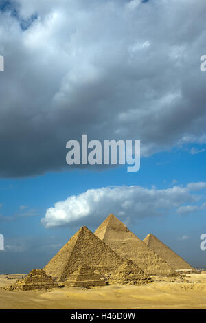 Egypt, Cairo, Gizeh, pyramids, queen's pyramids, Chephren pyramid, Cheops pyramid, Mykerinos pyramid, Stock Photo