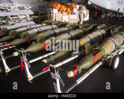 24th March 2003 Operation Iraqi Freedom: Mark 83 General Purpose 1000lb bombs fitted with JDAMs on the hangar deck of the USS Abraham Lincoln. Stock Photo