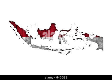 Map and flag of Indonesia on weathered wood Stock Photo