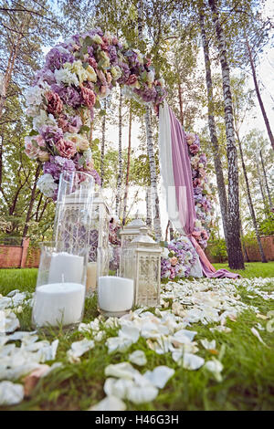 Beautiful wedding set up.  ceremony place in the forest Stock Photo