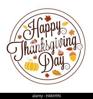 Happy Thanksgiving Day lettering with maple, oak leaves, pumpkin, acorn and apple icons for your design Stock Vector
