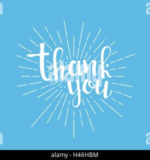 Thank you handwritten lettering. Modern vector hand drawn calligraphy with sunburst over light blue background for your design Stock Vector