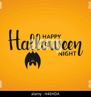 Happy Halloween night handwritten lettering. Modern vector calligraphy with cute hanging bat over yellow background Stock Vector