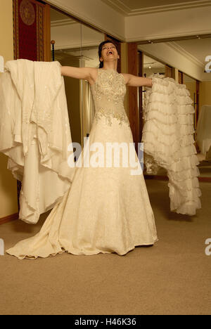 Bride, young, happy, clothes, differently, try on, laugh, model released, Stock Photo