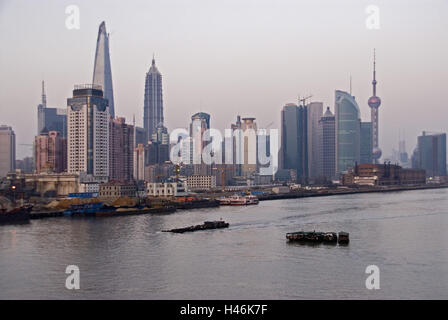China, Shanghai, Huangpu River, Pudong, New area, skyline, high rises, offices, hotels, television tower, Stock Photo