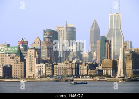 China, Shanghai, Huangpu River, bundle, skyline, high rises, offices, hotels, colonial setting, sea customs office, Stock Photo