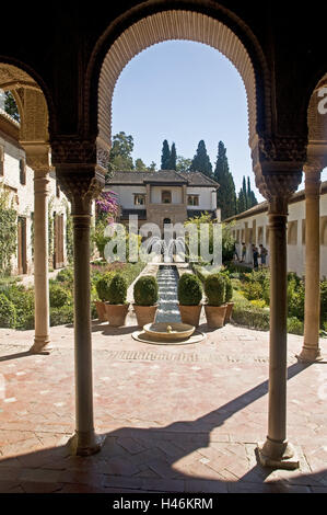 Spain, Granada, Generalife, garden, town, palace, summer palace, building, archway, view, water cymbal court, water cymbal, garden, UNESCO-world cultural heritage, Stock Photo