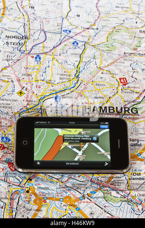 Navigation system, iPhone, road map, Stock Photo