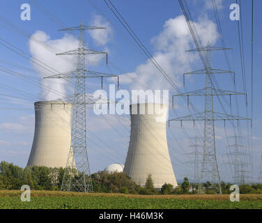 Nuclear power plant, power poles, energy, Stock Photo
